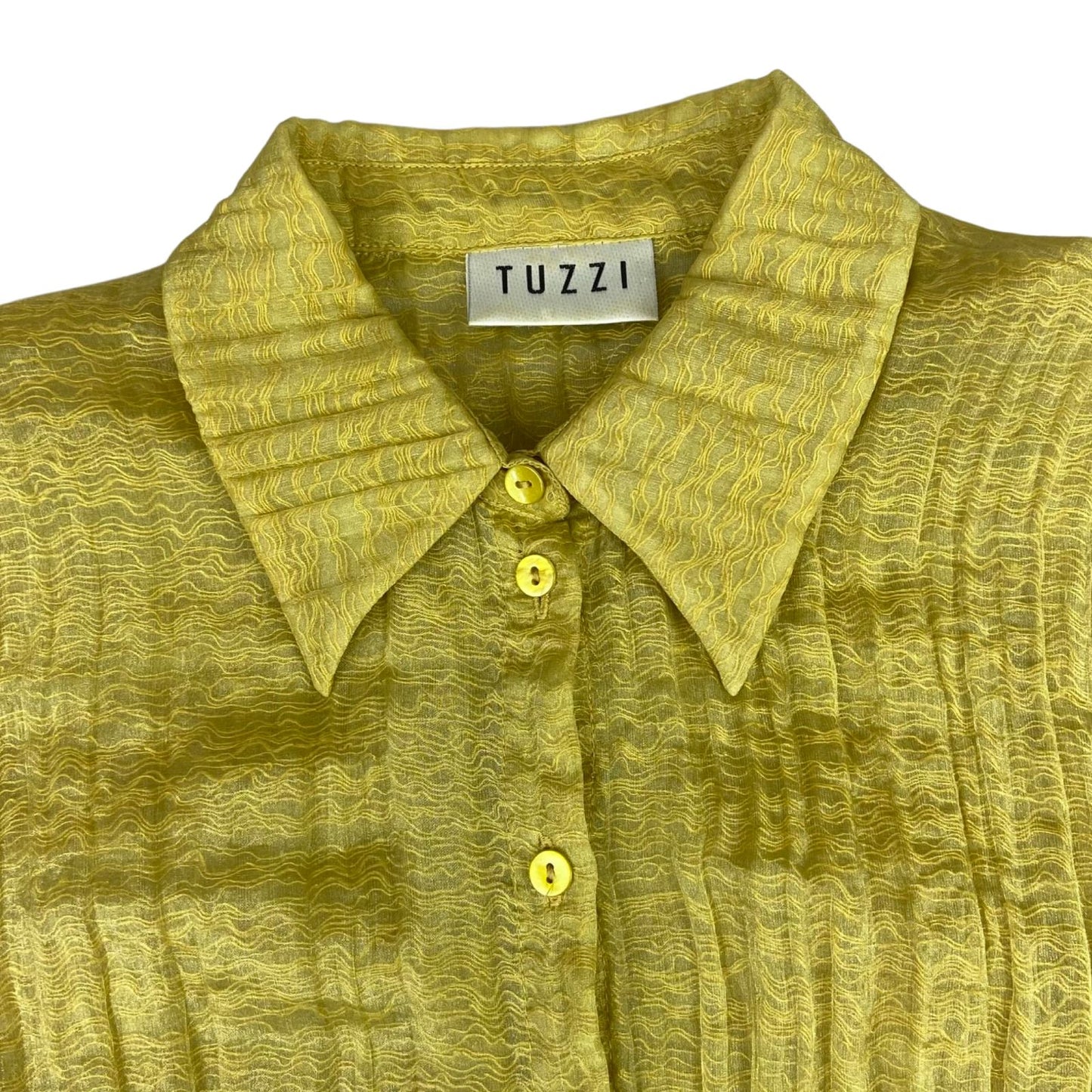 Vintage 90s Yellow Tuzzi Button Up Fitted  Blouse Shirt Sheer Collared S 8 10