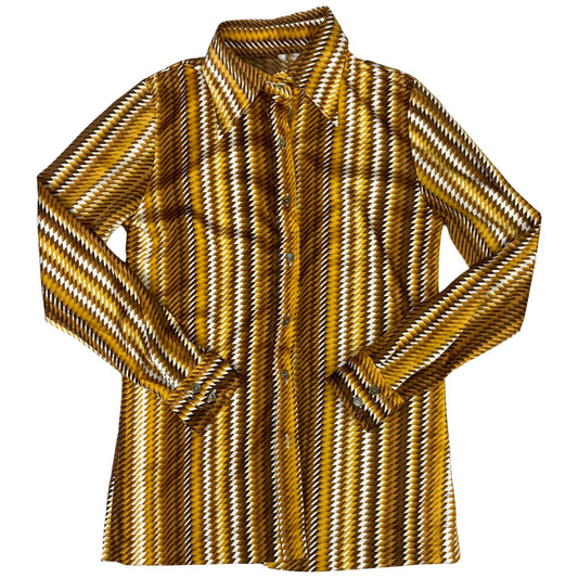 Vintage 90s Orange Brown White Geometric Patterned Button Up Blouse Shirt Top S
