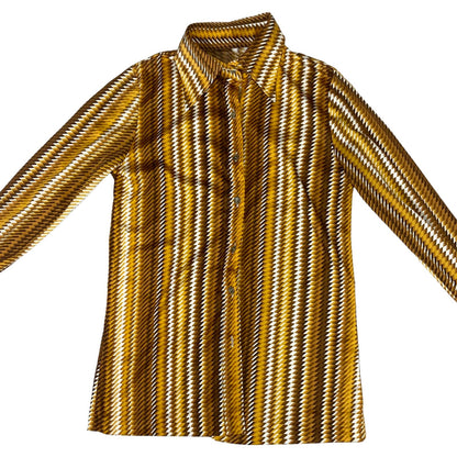 Vintage 90s Orange Brown White Geometric Patterned Button Up Blouse Shirt Top S