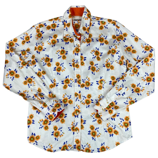 Vintage 90s White Orange Blue Escada Floral Patterned Button Up Blouse Shirt L16