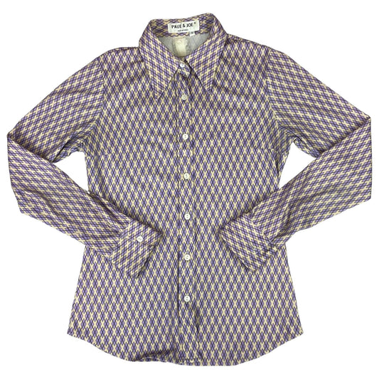 Vintage 90s Purple Cream Paul & Joe Geometric Patterned Button Up Blouse Shirt S