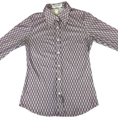 Vintage 90s Purple Cream Paul & Joe Geometric Patterned Button Up Blouse Shirt S