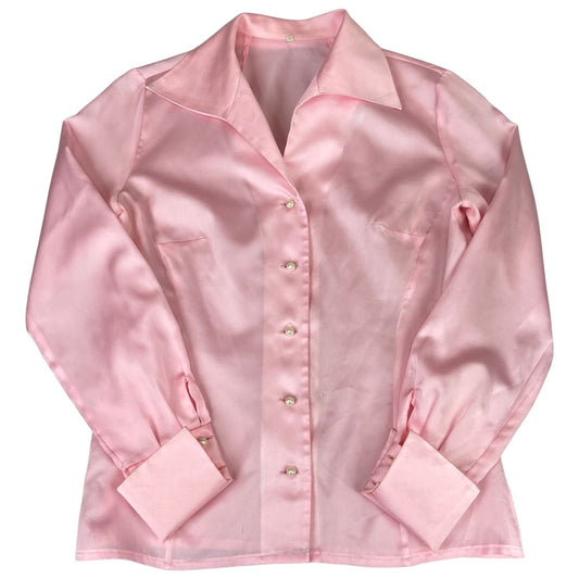 Vintage 90s Pink Silk/Satin Feel Cotton Button Up Blouse Shirt Top M 12 14