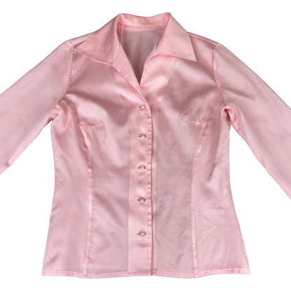 Vintage 90s Pink Silk/Satin Feel Cotton Button Up Blouse Shirt Top M 12 14
