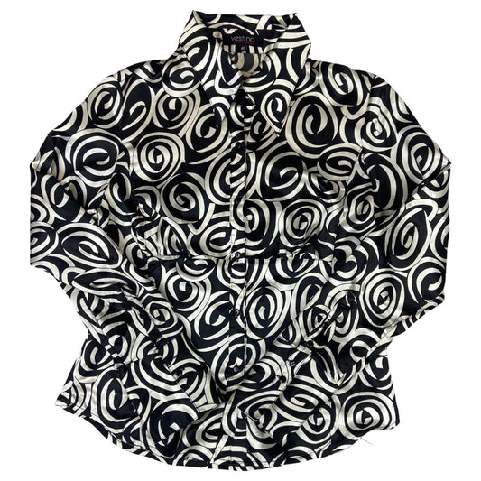 Vintage 90s Black Cream Geometric Swirl Pattern Print Fitted Party Blouse 12 M
