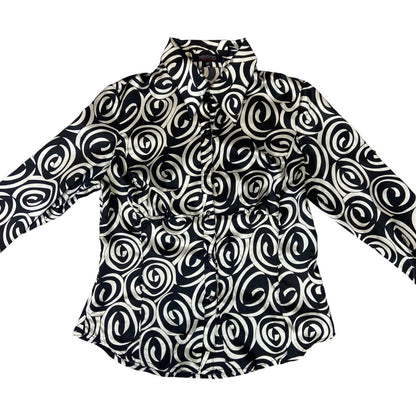 Vintage 90s Black Cream Geometric Swirl Pattern Print Fitted Party Blouse 12 M