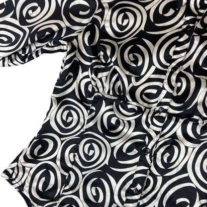 Vintage 90s Black Cream Geometric Swirl Pattern Print Fitted Party Blouse 12 M