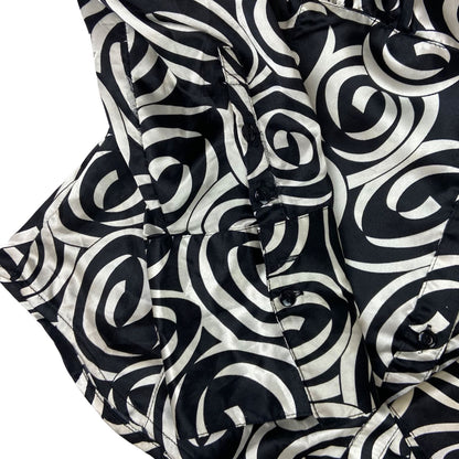 Vintage 90s Black Cream Geometric Swirl Pattern Print Fitted Party Blouse 12 M