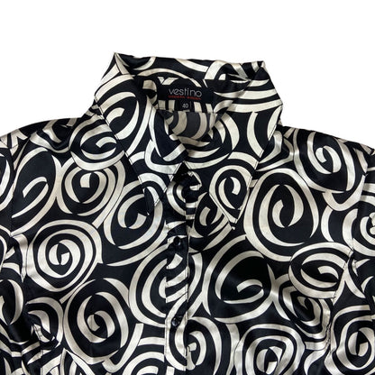 Vintage 90s Black Cream Geometric Swirl Pattern Print Fitted Party Blouse 12 M