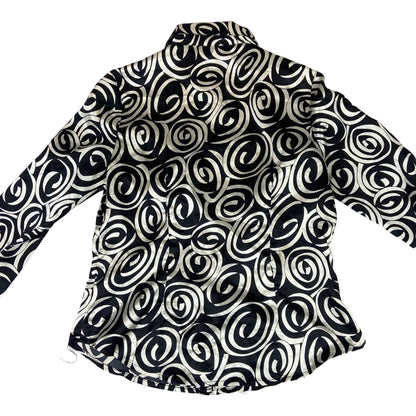 Vintage 90s Black Cream Geometric Swirl Pattern Print Fitted Party Blouse 12 M