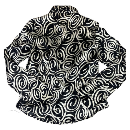 Vintage 90s Black Cream Geometric Swirl Pattern Print Fitted Party Blouse 12 M