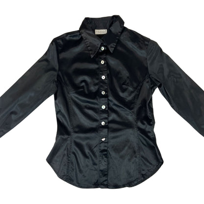 Vintage 90s Black Hennes Collection H&M Satin Blouse Shirt Button Up S 8 10