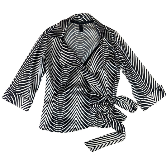 Vintage 90s Black White Geometric Zebra Print Wrap Blouse 12 14 M