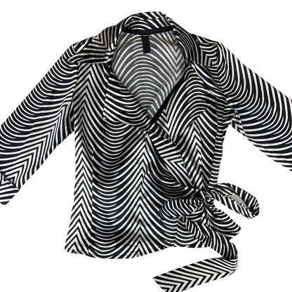Vintage 90s Black White Geometric Zebra Print Wrap Blouse 12 14 M