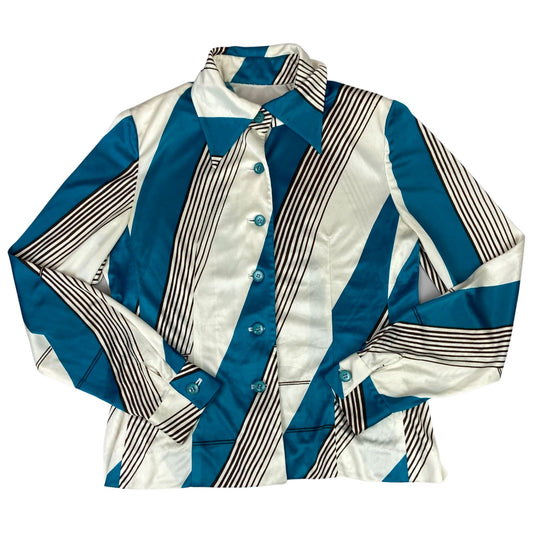 Vintage 90s does 70s Cream Blue Brown Striped Fitted Blouse 8 10 S