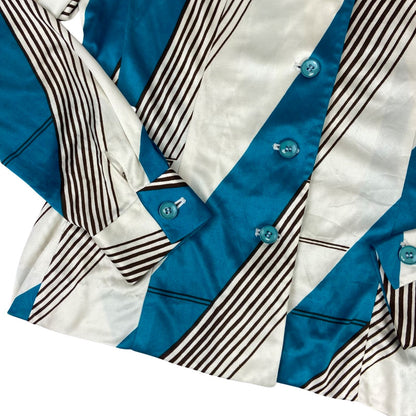 Vintage 90s does 70s Cream Blue Brown Striped Fitted Blouse 8 10 S