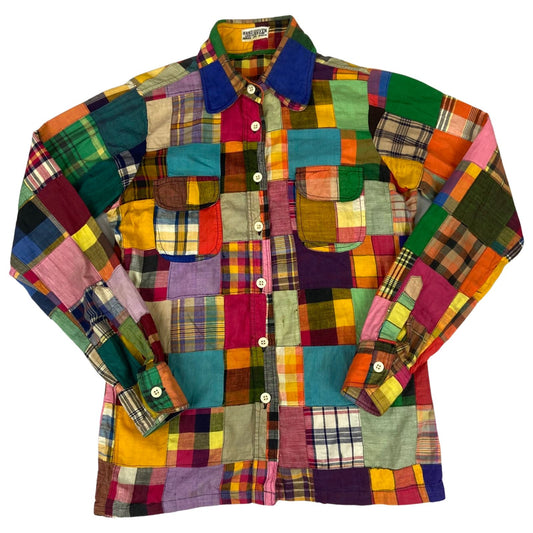Vintage 70s Patchwork Multicolour Handwoven Check Blouse 8 10 S