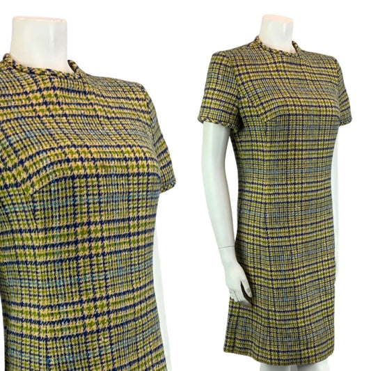 Vintage 60s RARE Green Pendleton Mod Short Sleeve Checked Fitted Wool Dress S/M
