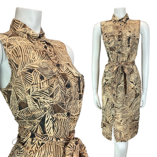 Vintage 90s 00s Brown Beige Ralph Lauren Leaf Print Button Shirt Dress 8 10 S