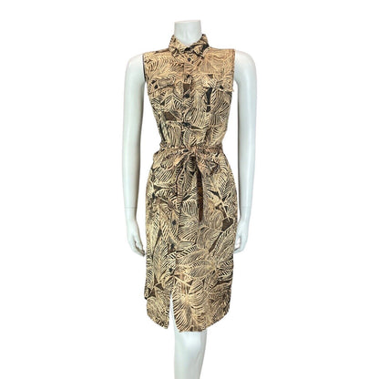 Vintage 90s 00s Brown Beige Ralph Lauren Leaf Print Button Shirt Dress 8 10 S