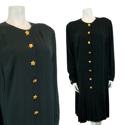 Vintage 90s Black ESCADA Button Up Long Sleeved Drop Waist Pleated Midi Dress L