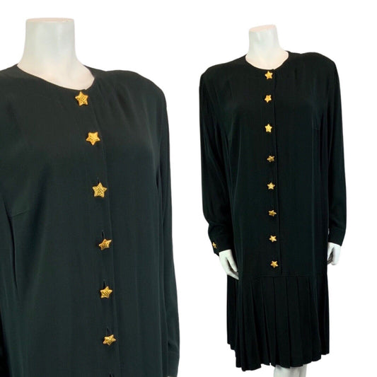 Vintage 90s Black ESCADA Button Up Long Sleeved Drop Waist Pleated Midi Dress L