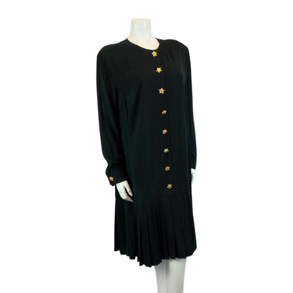 Vintage 90s Black ESCADA Button Up Long Sleeved Drop Waist Pleated Midi Dress L