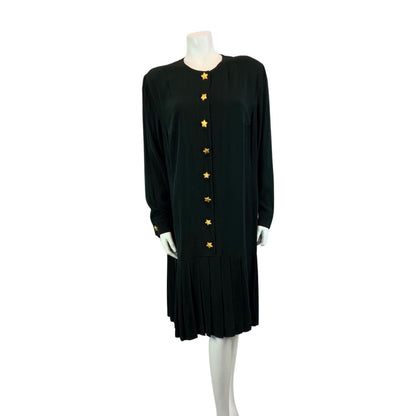 Vintage 90s Black ESCADA Button Up Long Sleeved Drop Waist Pleated Midi Dress L