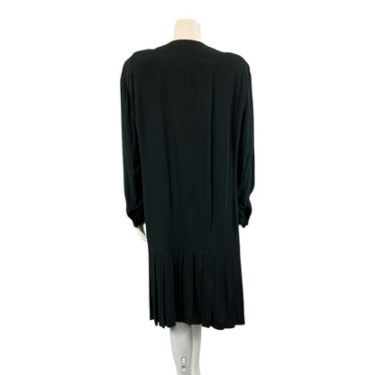 Vintage 90s Black ESCADA Button Up Long Sleeved Drop Waist Pleated Midi Dress L