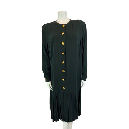 Vintage 90s Black ESCADA Button Up Long Sleeved Drop Waist Pleated Midi Dress L