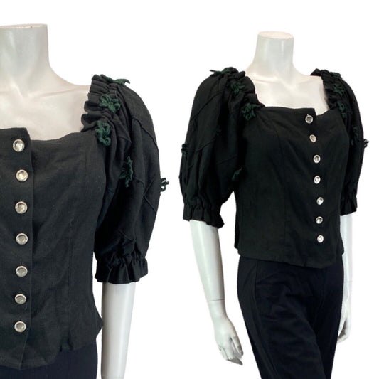 Vintage 90s 00s Black Button Up Tunic Blouse Authentic Tyrolean Linen Top M 1214