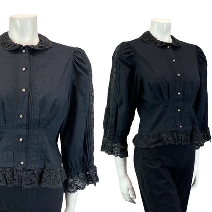 VINTAGE 80S BLACK LACE BOHO FOLK COLLARD SHIRT BLOUSE 8 10 S