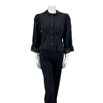VINTAGE 80S BLACK LACE BOHO FOLK COLLARD SHIRT BLOUSE 8 10 S