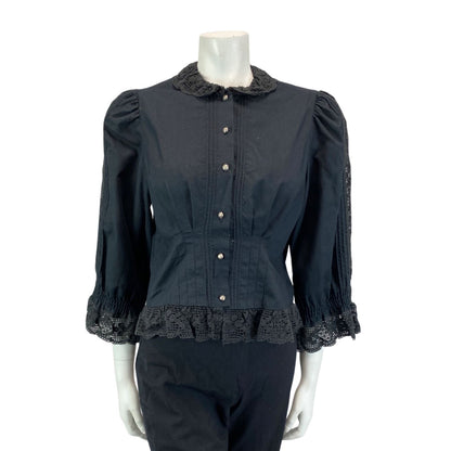 VINTAGE 80S BLACK LACE BOHO FOLK COLLARD SHIRT BLOUSE 8 10 S