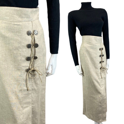 Vintage 90s Cream Landhaus Linen Lace Up Long Line Straight Maxi Skirt S 8/10
