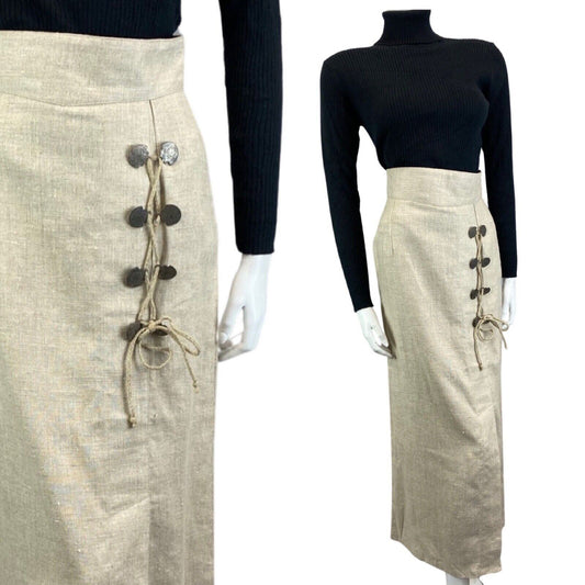 Vintage 90s Cream Landhaus Linen Lace Up Long Line Straight Maxi Skirt S 8/10