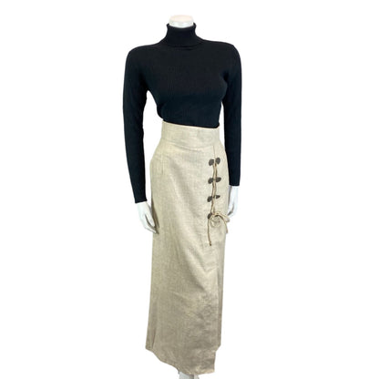 Vintage 90s Cream Landhaus Linen Lace Up Long Line Straight Maxi Skirt S 8/10