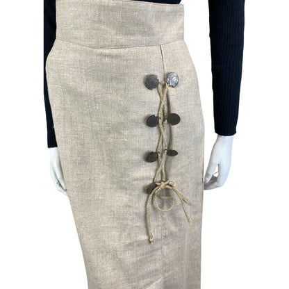 Vintage 90s Cream Landhaus Linen Lace Up Long Line Straight Maxi Skirt S 8/10