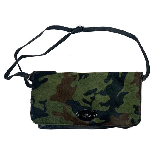 Vintage 90s 00s Khaki Black Camouflage Print Leather Horse Hide Clutch Handbag