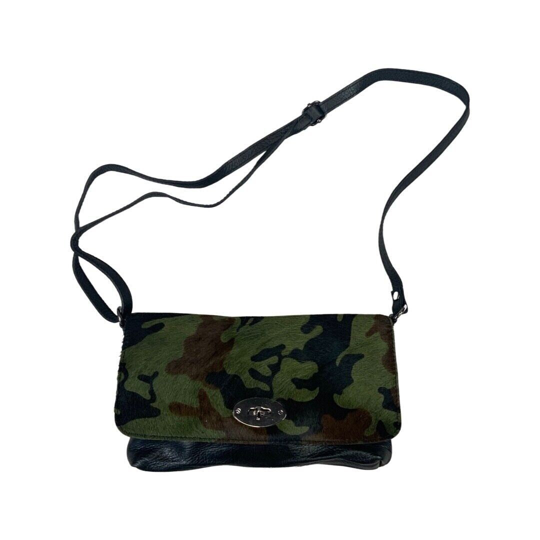Vintage 90s 00s Khaki Black Camouflage Print Leather Horse Hide Clutch Handbag