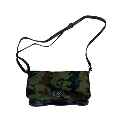 Vintage 90s 00s Khaki Black Camouflage Print Leather Horse Hide Clutch Handbag