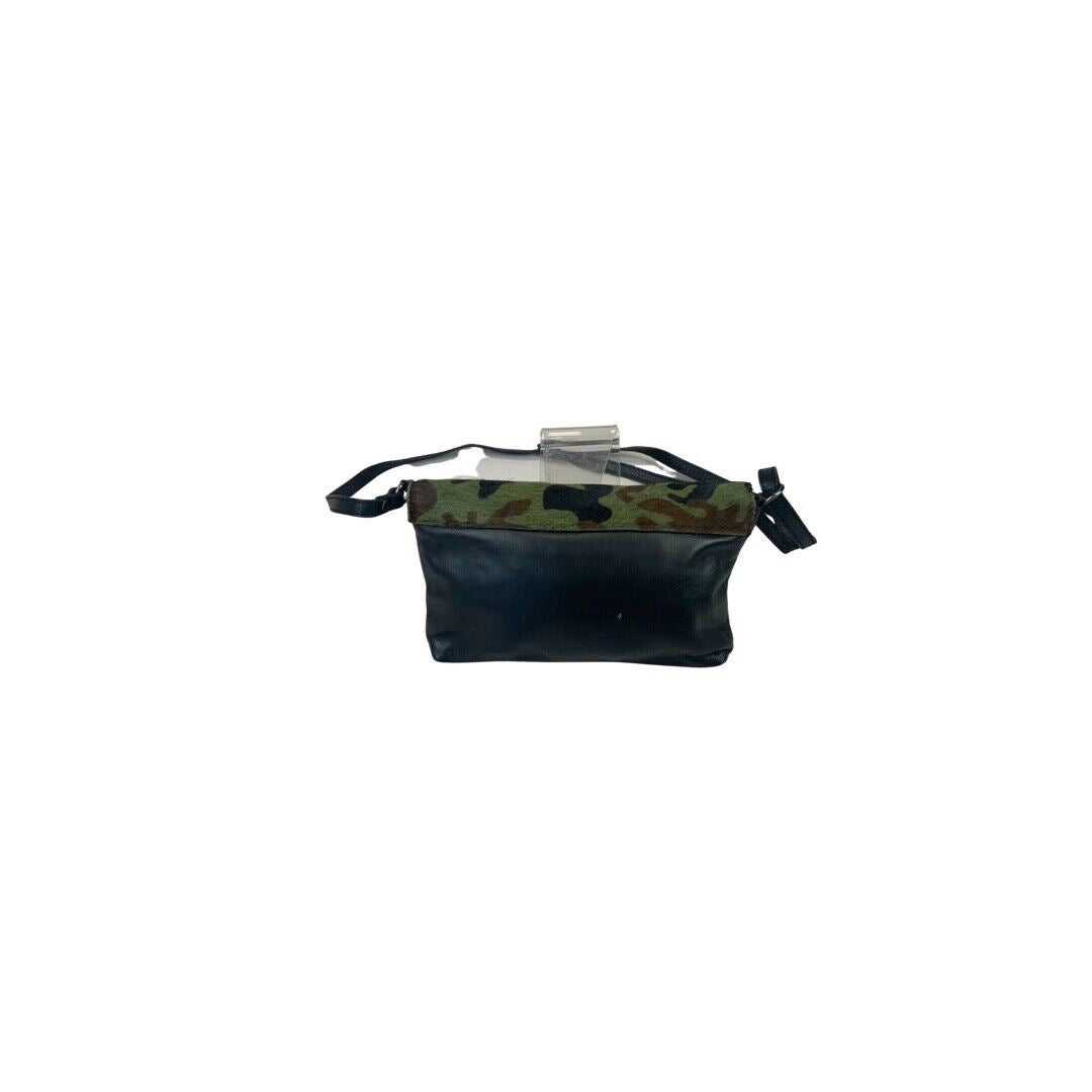 Vintage 90s 00s Khaki Black Camouflage Print Leather Horse Hide Clutch Handbag