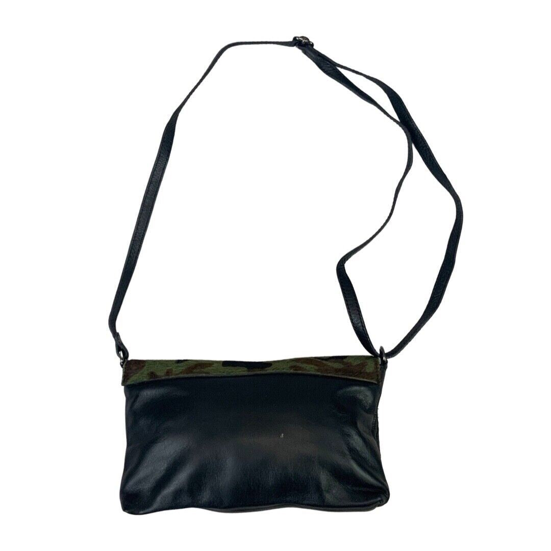 Vintage 90s 00s Khaki Black Camouflage Print Leather Horse Hide Clutch Handbag