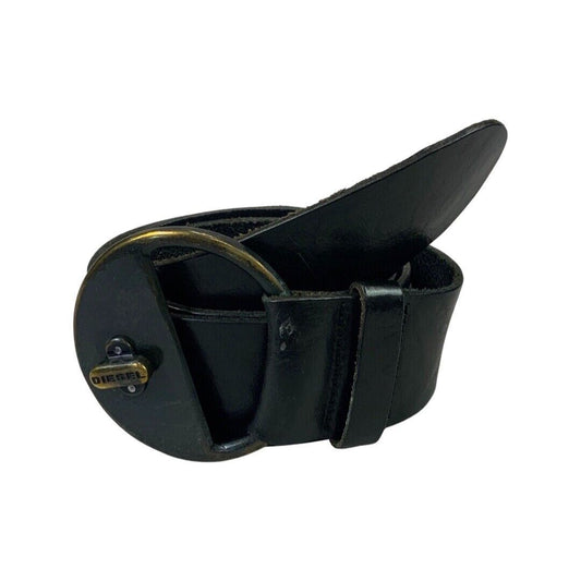 Vintage 00s Y2K Black Diesel Leather Designer Branded Engraved Chunky Belt M/L