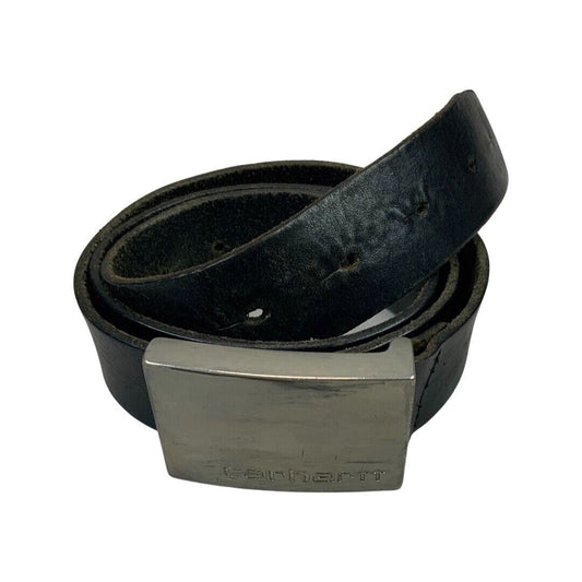 Vintage 00s Black Leather Carharrt Engraved Buckle Gorpcore Branded Belt M/L