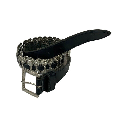 Vintage 90s 00s Y2K Black Leather Bejewelled Studded Buckle Skinny Belt
