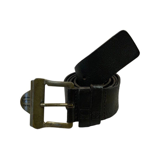 Vintage 90s 00s Brown Leather GSTAR Raw Denim Engraved Embossed Branded Belt L