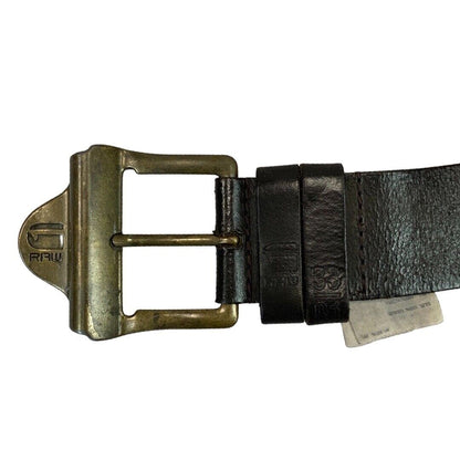 Vintage 90s 00s Brown Leather GSTAR Raw Denim Engraved Embossed Branded Belt L