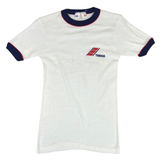 Vintage 70s White Blue Red Yamaha T-Shirt Skinny Rib Fit Top Baby Tee S 8 10
