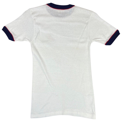 Vintage 70s White Blue Red Yamaha T-Shirt Skinny Rib Fit Top Baby Tee S 8 10